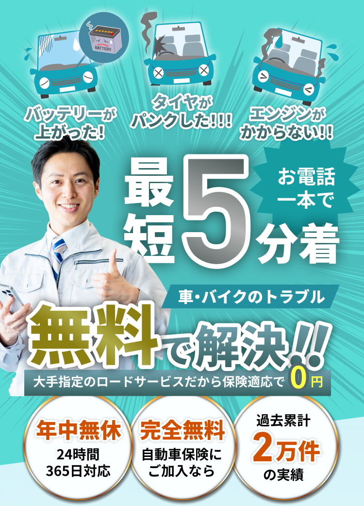 大手損保指定のレッカーサービスだから無料でご対応いたします！お電話1本で最短5分着！無料レッカー対応
